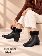 Women Black Flared Heel High Ankle Classic Winter Buckle Strap Side Zipper Fur Boots|Work Boot|Western Dress Boots