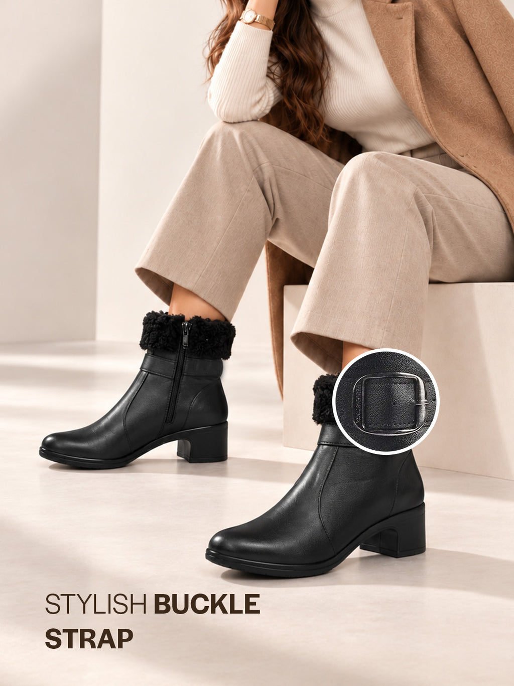 Women Black Flared Heel High Ankle Classic Winter Buckle Strap Side Zipper Fur Boots|Work Boot|Western Dress Boots
