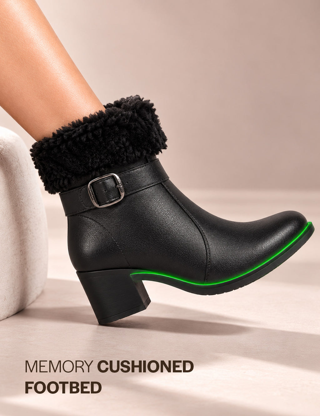 Women Black Flared Heel High Ankle Classic Winter Buckle Strap Side Zipper Fur Boots|Work Boot|Western Dress Boots