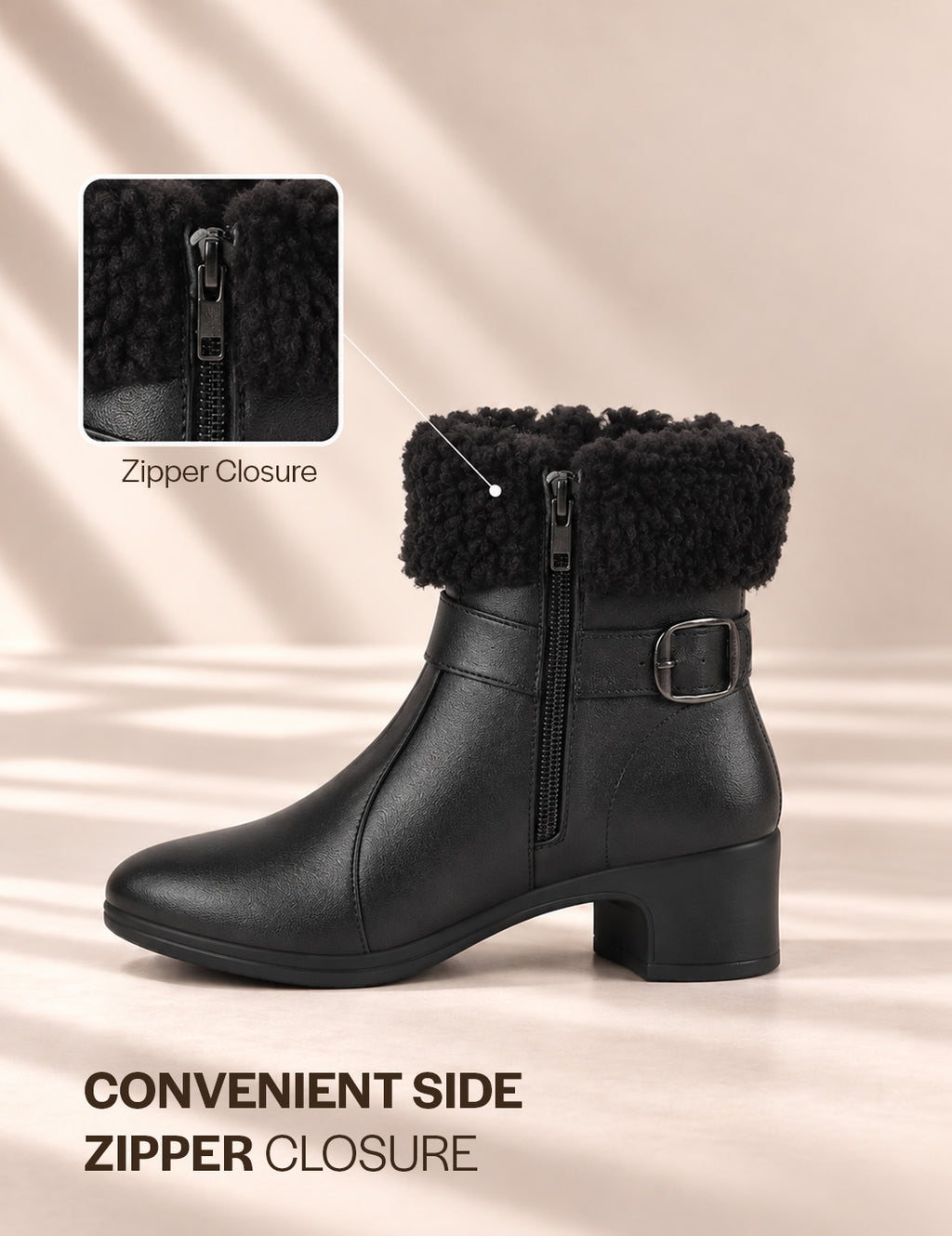 Women Black Flared Heel High Ankle Classic Winter Buckle Strap Side Zipper Fur Boots|Work Boot|Western Dress Boots