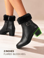 Women Black Flared Heel High Ankle Classic Winter Buckle Strap Side Zipper Fur Boots|Work Boot|Western Dress Boots