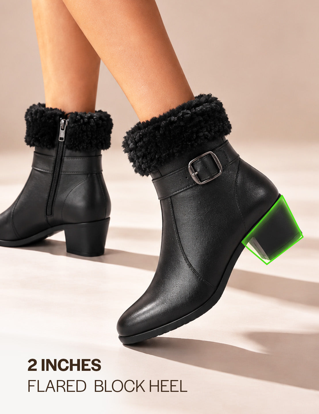 Women Black Flared Heel High Ankle Classic Winter Buckle Strap Side Zipper Fur Boots|Work Boot|Western Dress Boots
