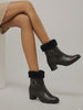 Women Black Flared Heel High Ankle Classic Winter Buckle Strap Side Zipper Fur Boots|Work Boot|Western Dress Boots