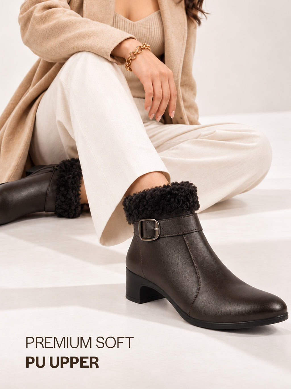 Women Brown Flared Heel High Ankle Classic Winter Buckle Strap Side Zipper Fur Boots|Work Boot|Western Dress Boots