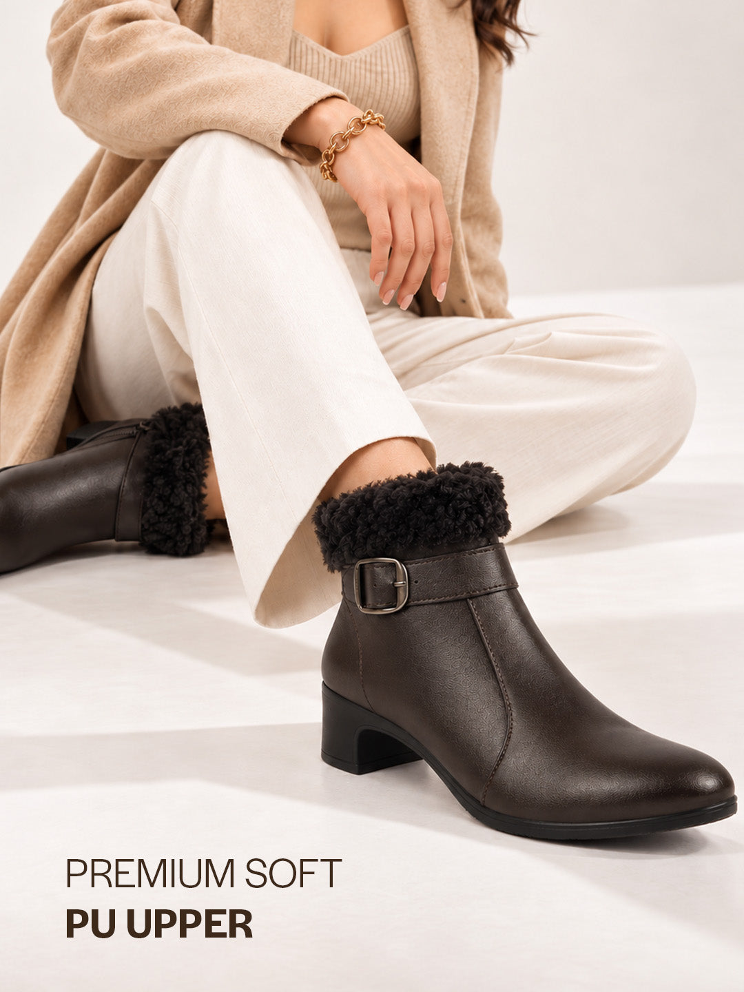 Women Brown Flared Heel High Ankle Classic Winter Buckle Strap Side Zipper Fur Boots|Work Boot|Western Dress Boots