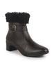 Women Brown Flared Heel High Ankle Classic Winter Buckle Strap Side Zipper Fur Boots|Work Boot|Western Dress Boots