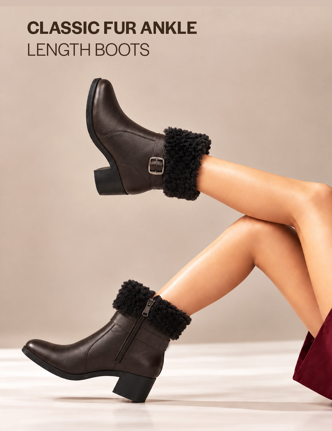 Women Brown Flared Heel High Ankle Classic Winter Buckle Strap Side Zipper Fur Boots|Work Boot|Western Dress Boots