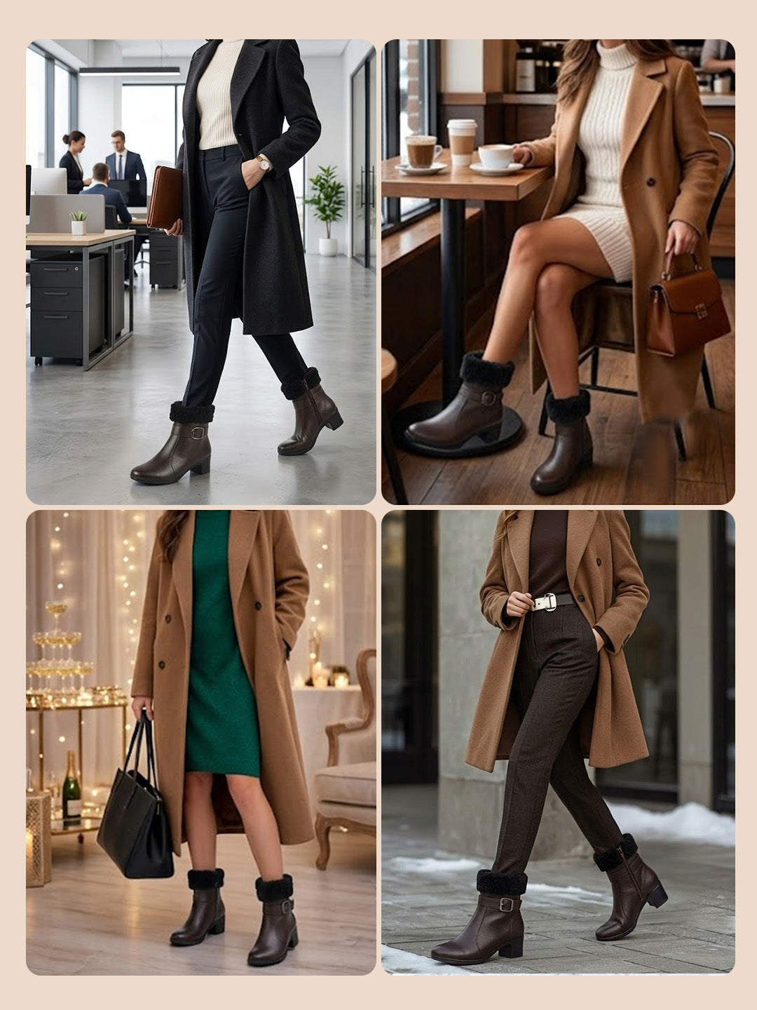 Women Brown Flared Heel High Ankle Classic Winter Buckle Strap Side Zipper Fur Boots|Work Boot|Western Dress Boots
