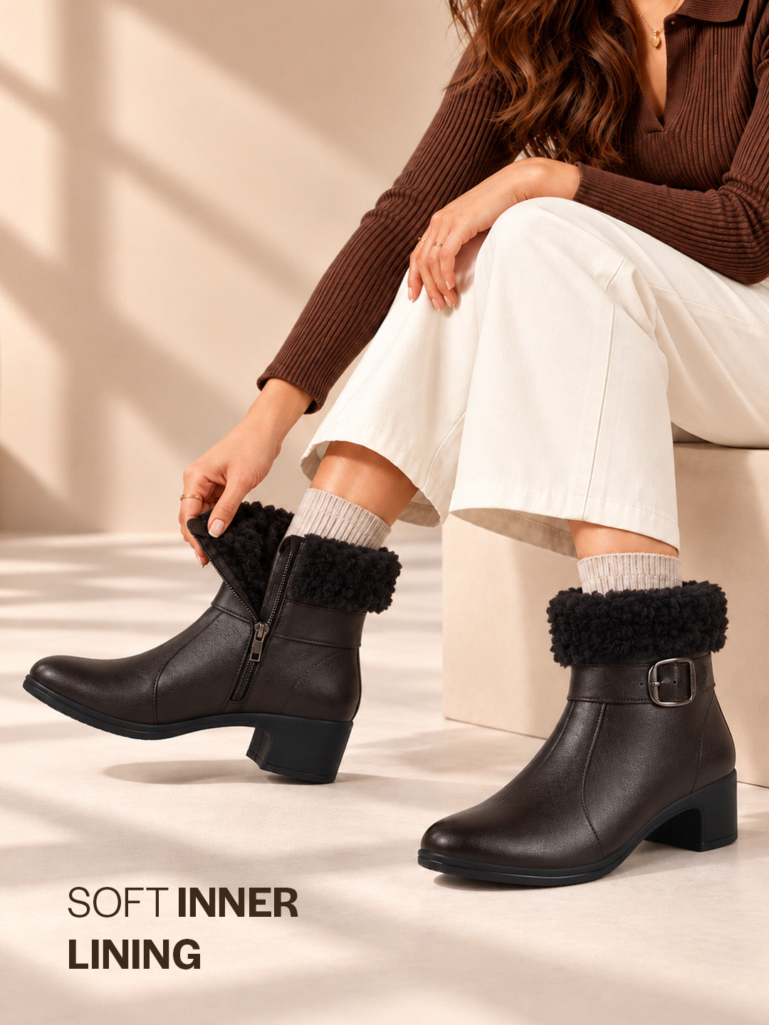 Women Brown Flared Heel High Ankle Classic Winter Buckle Strap Side Zipper Fur Boots|Work Boot|Western Dress Boots