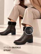 Women Brown Flared Heel High Ankle Classic Winter Buckle Strap Side Zipper Fur Boots|Work Boot|Western Dress Boots