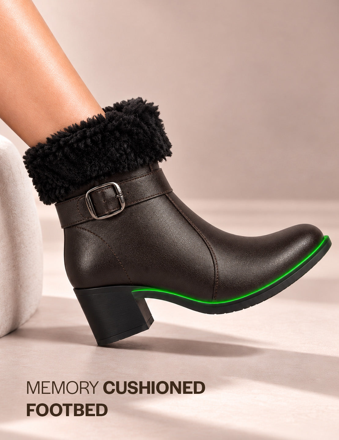 Women Brown Flared Heel High Ankle Classic Winter Buckle Strap Side Zipper Fur Boots|Work Boot|Western Dress Boots