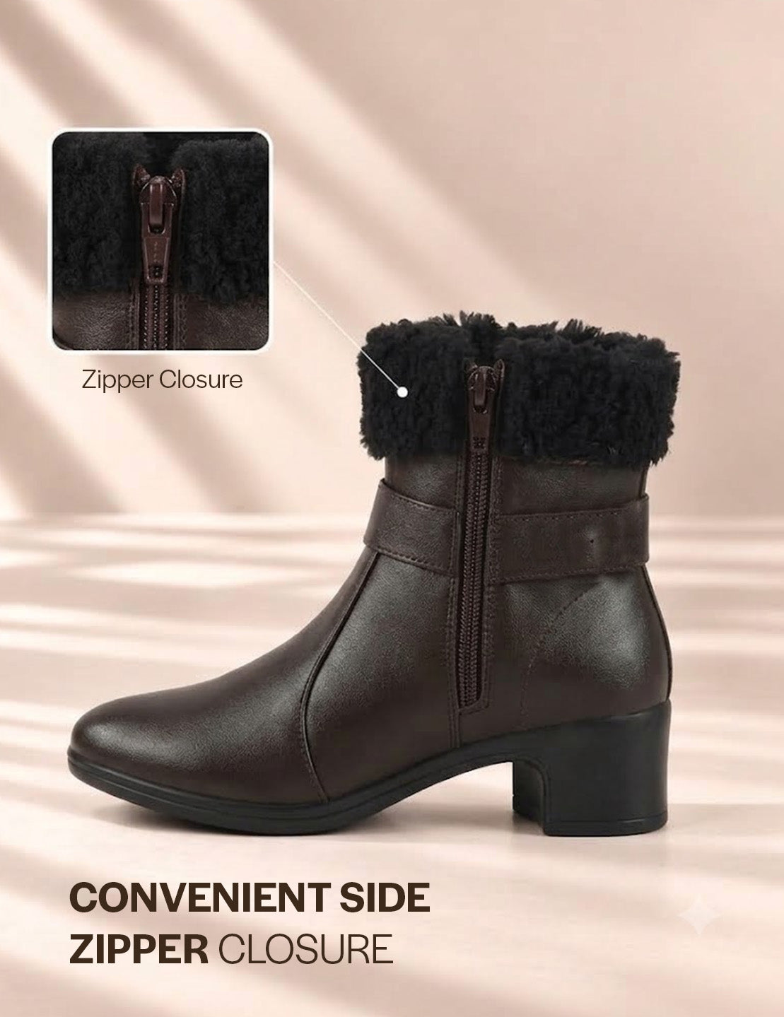 Women Brown Flared Heel High Ankle Classic Winter Buckle Strap Side Zipper Fur Boots|Work Boot|Western Dress Boots