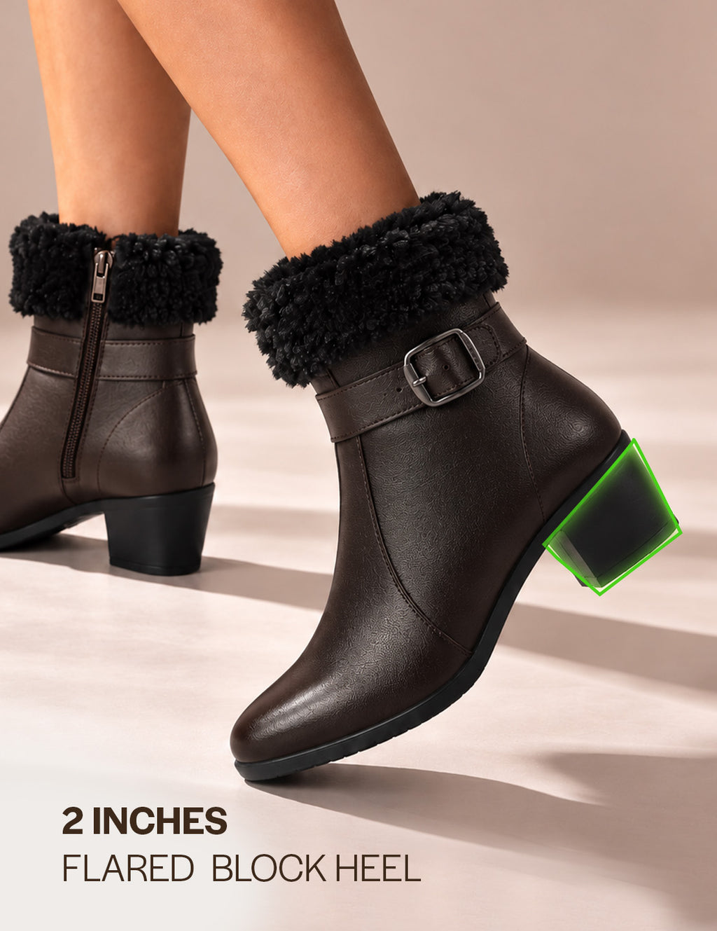 Women Brown Flared Heel High Ankle Classic Winter Buckle Strap Side Zipper Fur Boots|Work Boot|Western Dress Boots