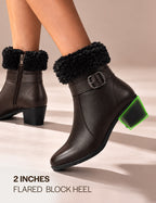 Women Brown Flared Heel High Ankle Classic Winter Buckle Strap Side Zipper Fur Boots|Work Boot|Western Dress Boots