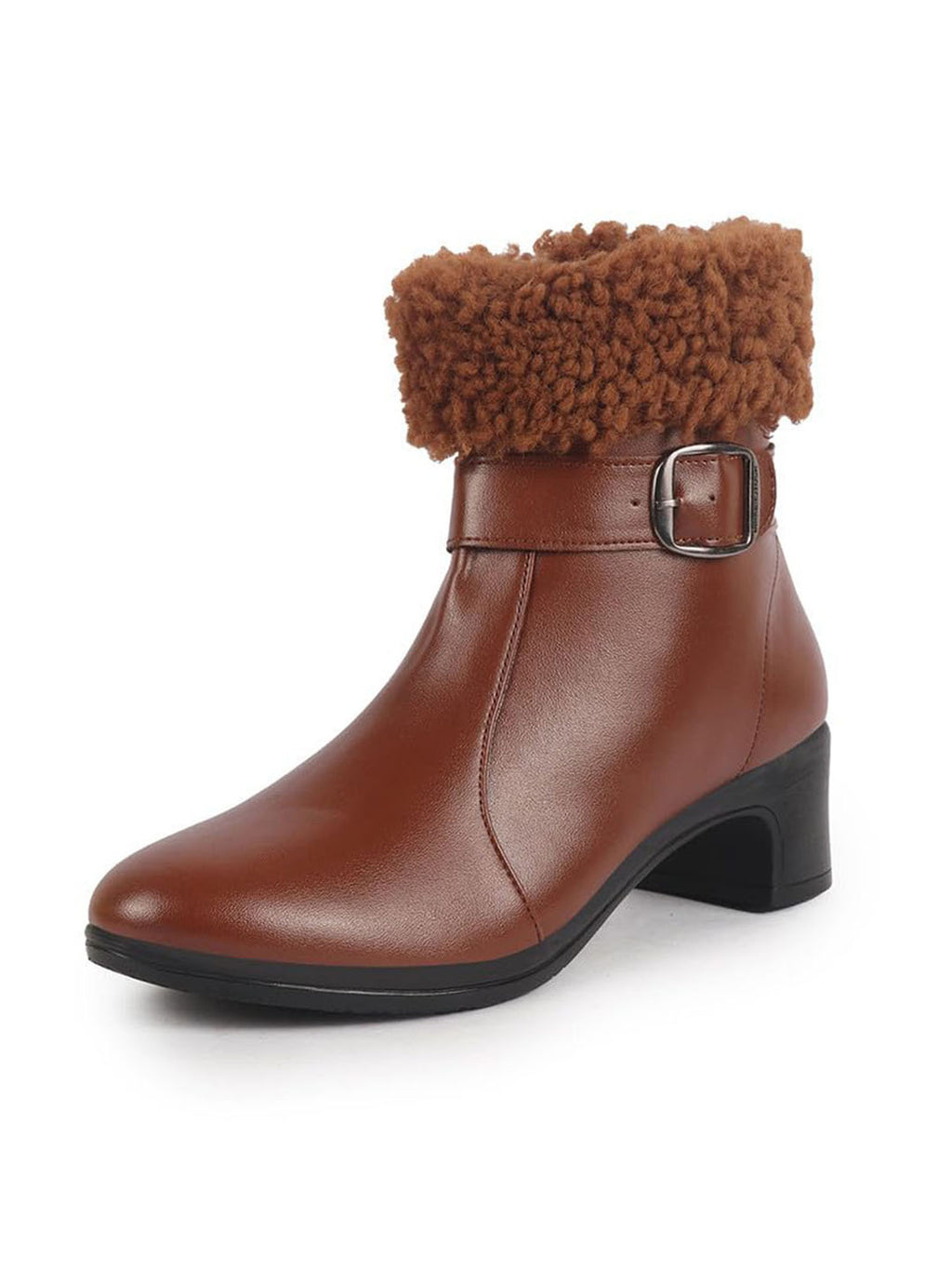 Women Tan Flared Heel High Ankle Classic Winter Buckle Strap Side Zipper Fur Boots|Work Boot|Western Dress Boots