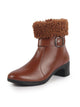 Women Tan Flared Heel High Ankle Classic Winter Buckle Strap Side Zipper Fur Boots|Work Boot|Western Dress Boots