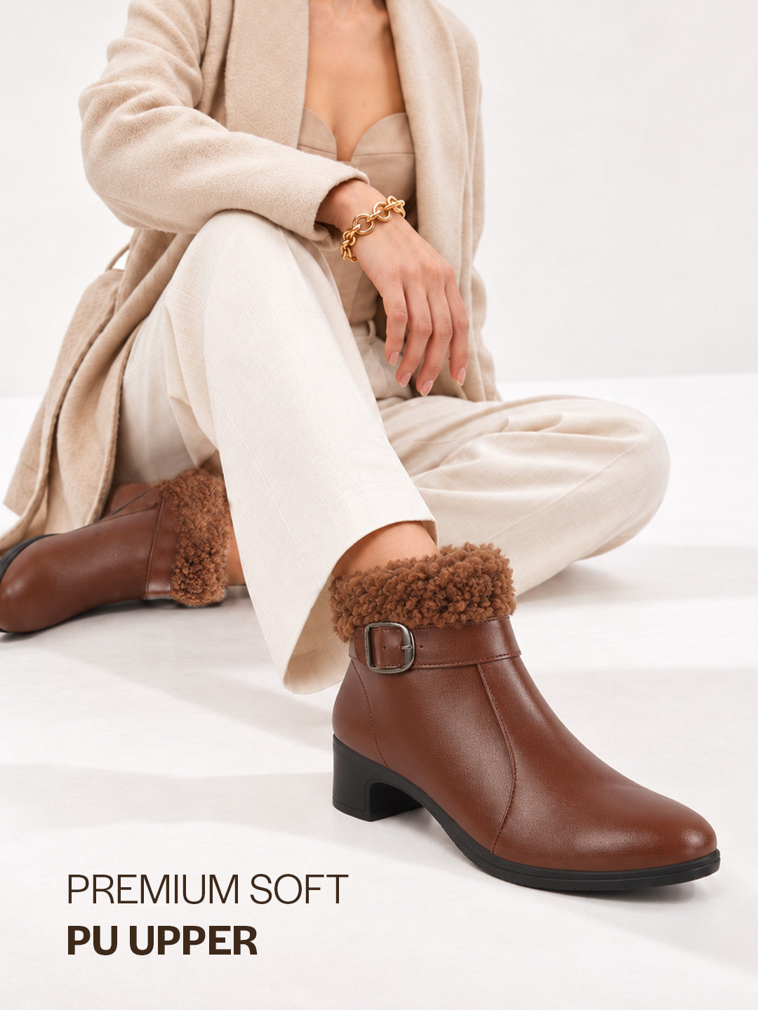 Women Tan Flared Heel High Ankle Classic Winter Buckle Strap Side Zipper Fur Boots|Work Boot|Western Dress Boots
