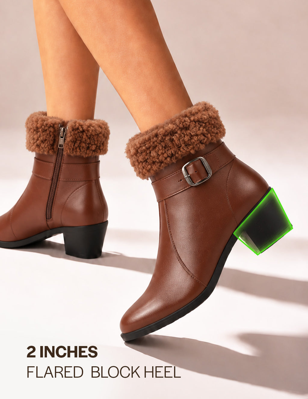 Women Tan Flared Heel High Ankle Classic Winter Buckle Strap Side Zipper Fur Boots|Work Boot|Western Dress Boots