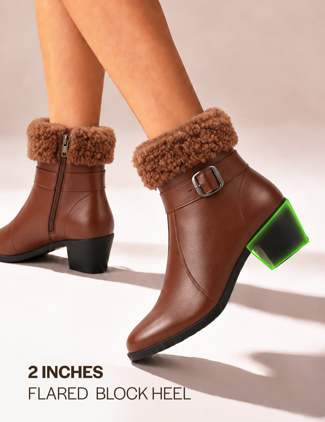 Women Tan Flared Heel High Ankle Classic Winter Buckle Strap Side Zipper Fur Boots|Work Boot|Western Dress Boots