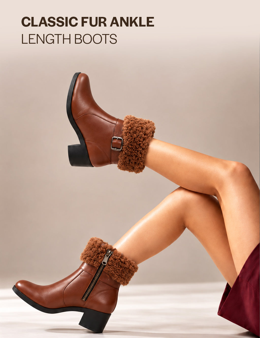 Women Tan Flared Heel High Ankle Classic Winter Buckle Strap Side Zipper Fur Boots|Work Boot|Western Dress Boots