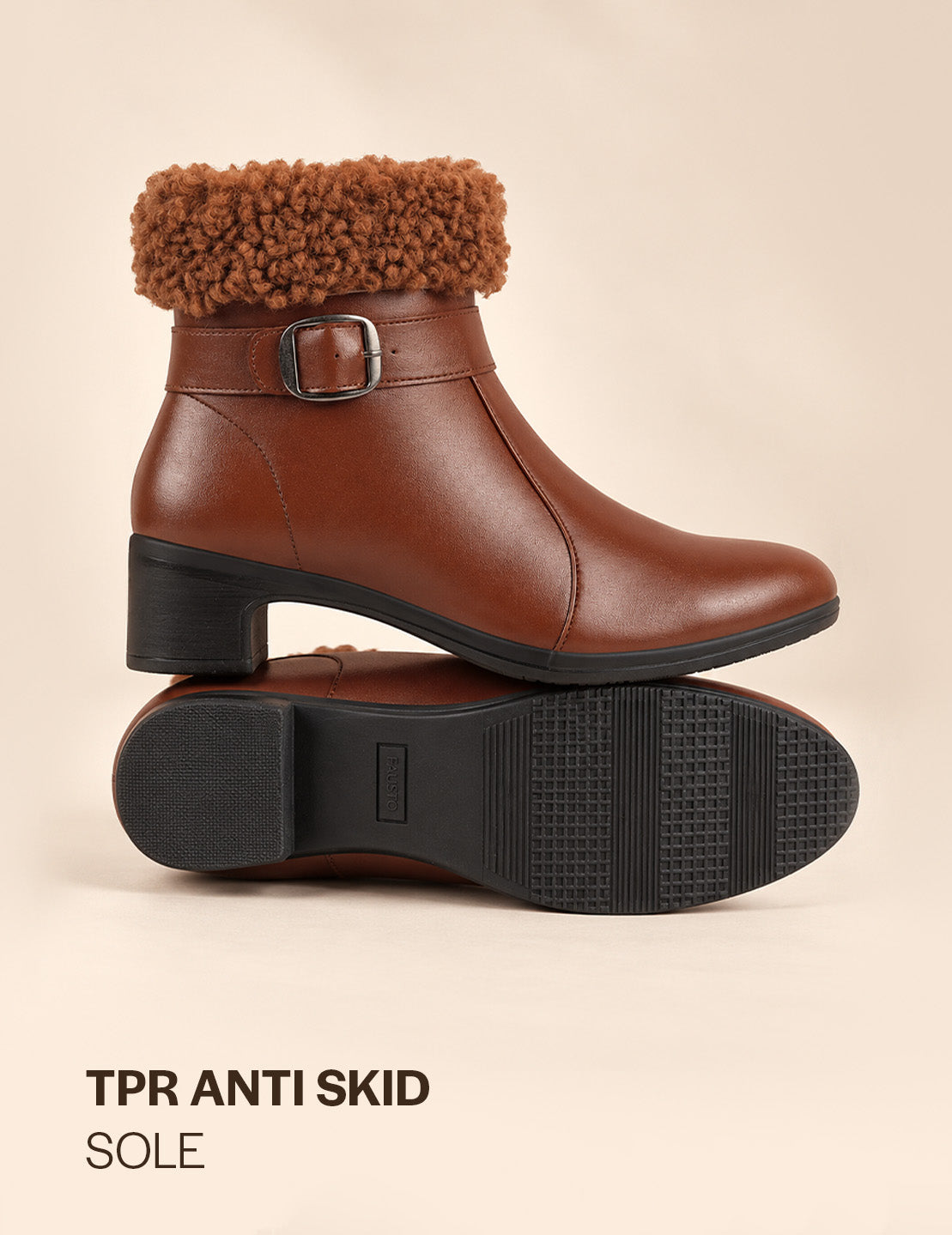 Women Tan Flared Heel High Ankle Classic Winter Buckle Strap Side Zipper Fur Boots|Work Boot|Western Dress Boots
