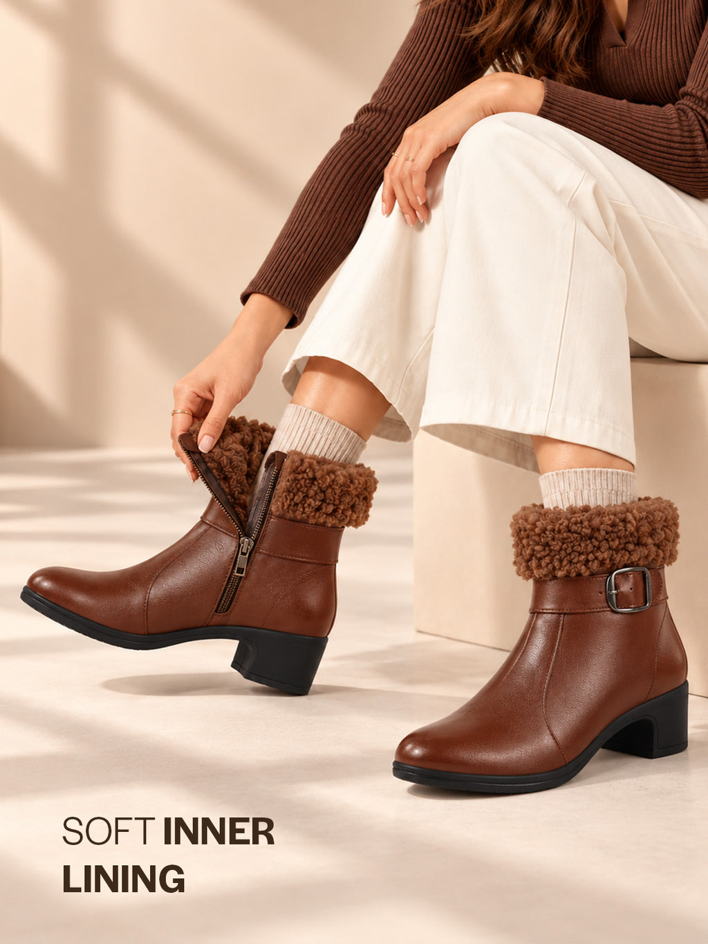 Women Tan Flared Heel High Ankle Classic Winter Buckle Strap Side Zipper Fur Boots|Work Boot|Western Dress Boots