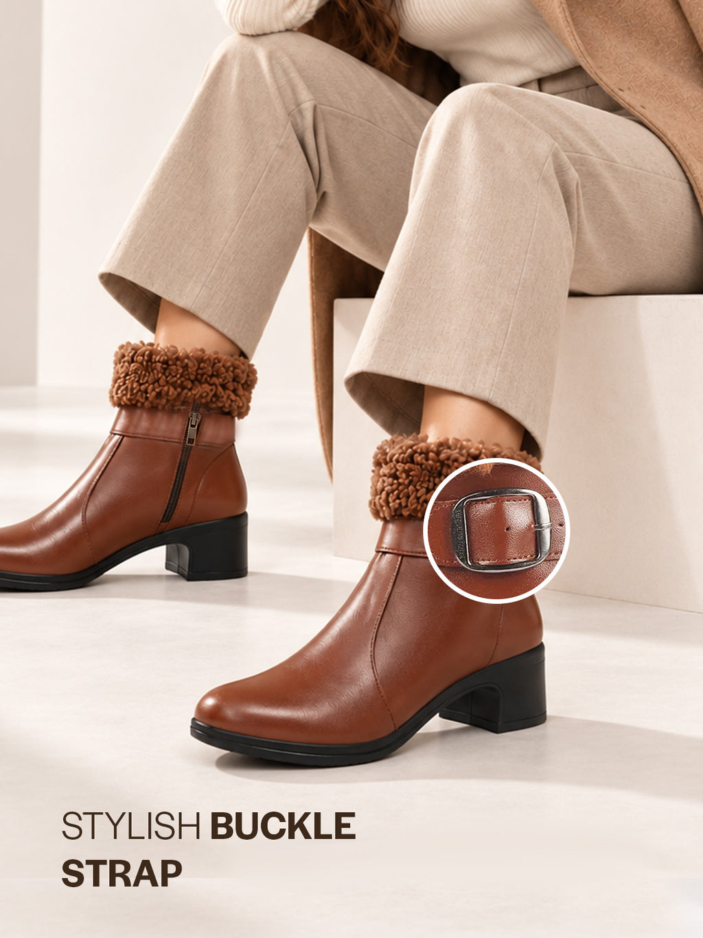 Women Tan Flared Heel High Ankle Classic Winter Buckle Strap Side Zipper Fur Boots|Work Boot|Western Dress Boots
