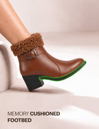 Women Tan Flared Heel High Ankle Classic Winter Buckle Strap Side Zipper Fur Boots|Work Boot|Western Dress Boots