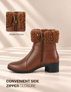 Women Tan Flared Heel High Ankle Classic Winter Buckle Strap Side Zipper Fur Boots|Work Boot|Western Dress Boots