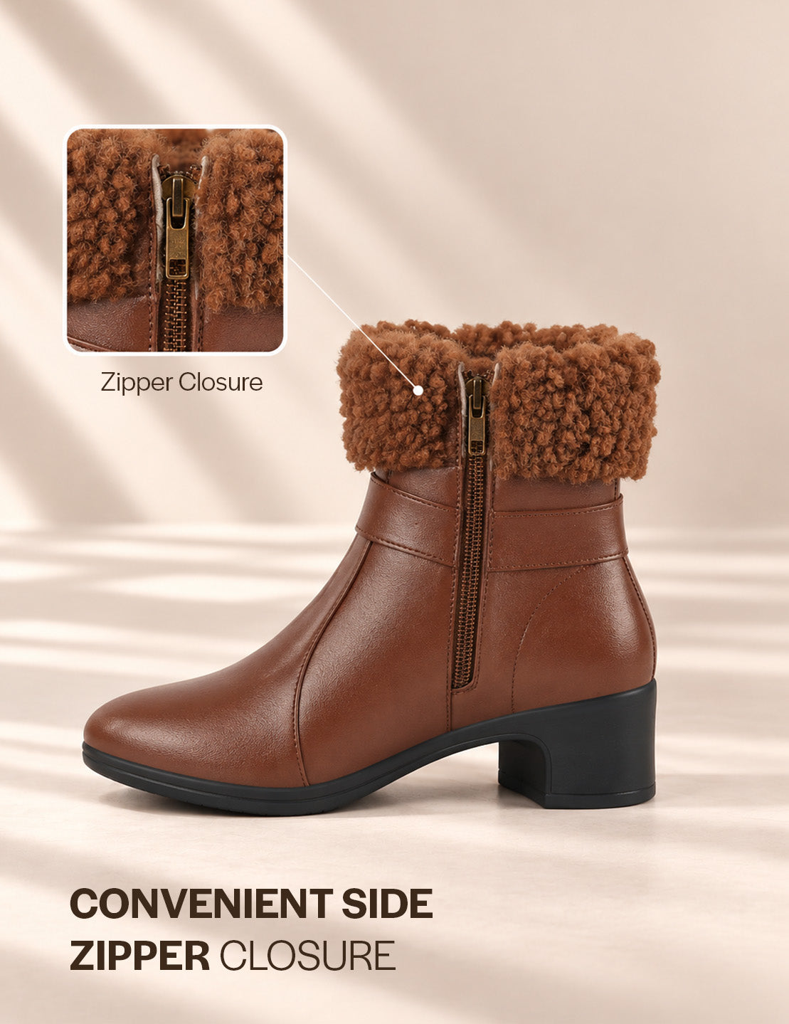 Women Tan Flared Heel High Ankle Classic Winter Buckle Strap Side Zipper Fur Boots|Work Boot|Western Dress Boots