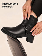 Women Black High Ankle Elegant Slip On Winter Boots|Flared Heel Casual Shoes for Work|Office