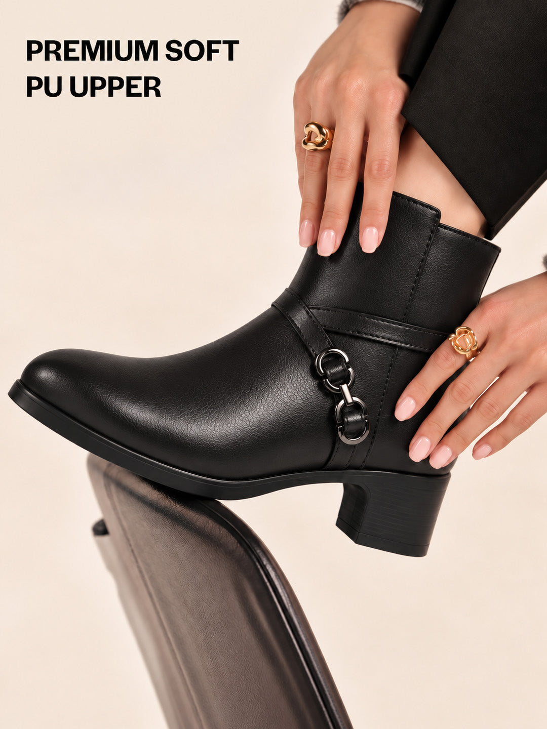 Women Black High Ankle Elegant Slip On Winter Boots|Flared Heel Casual Shoes for Work|Office