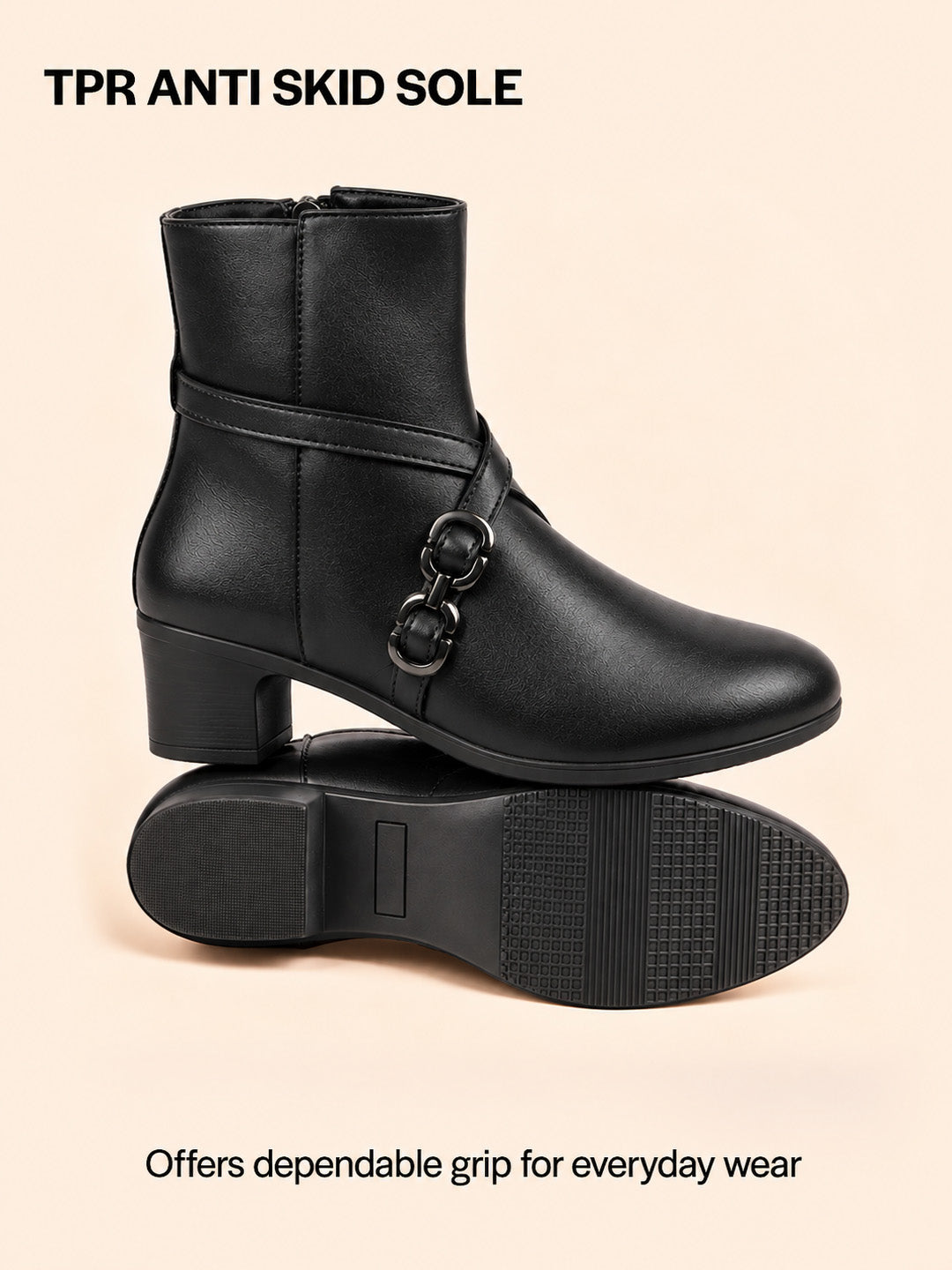 Women Black High Ankle Elegant Slip On Winter Boots|Flared Heel Casual Shoes for Work|Office