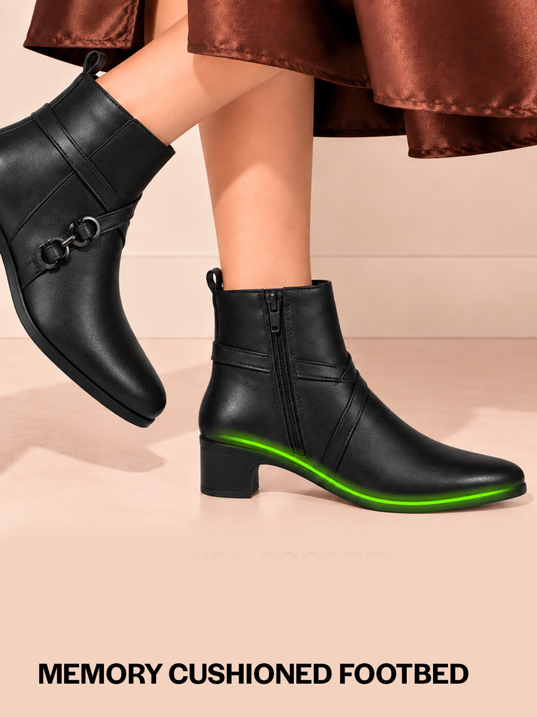 Women Black High Ankle Elegant Slip On Winter Boots|Flared Heel Casual Shoes for Work|Office