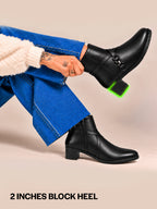 Women Black High Ankle Elegant Slip On Winter Boots|Flared Heel Casual Shoes for Work|Office