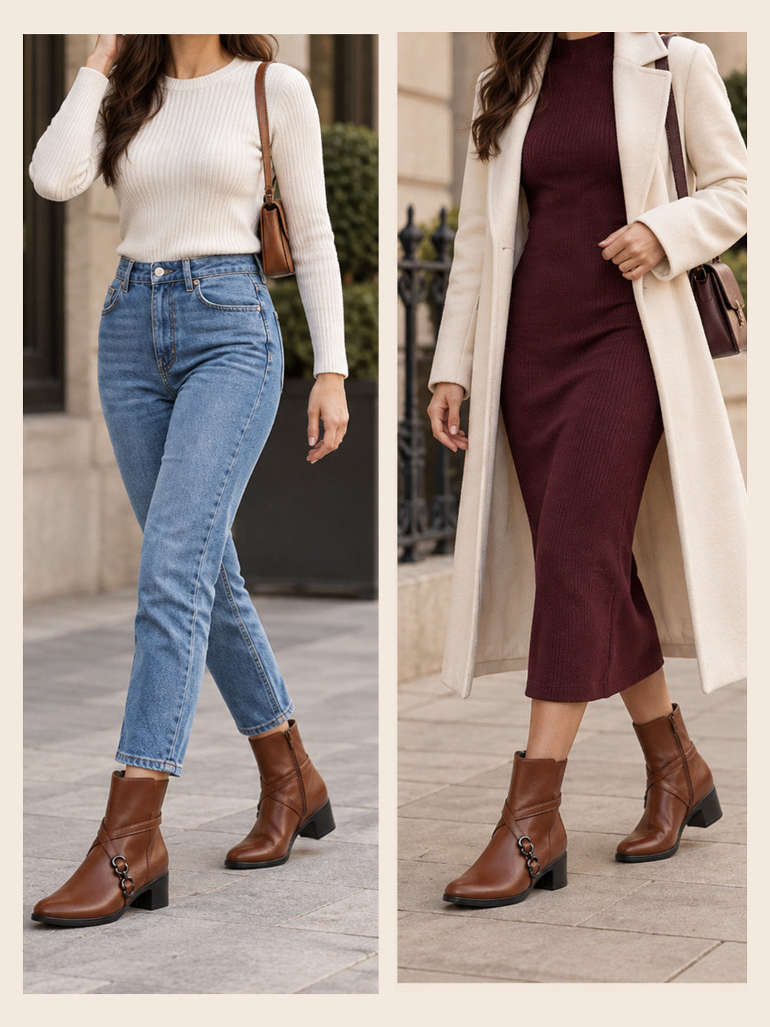 Women Tan High Ankle Elegant Slip On Winter Boots|Flared Heel Casual Shoes for Work|Office