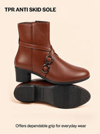 Women Tan High Ankle Elegant Slip On Winter Boots|Flared Heel Casual Shoes for Work|Office