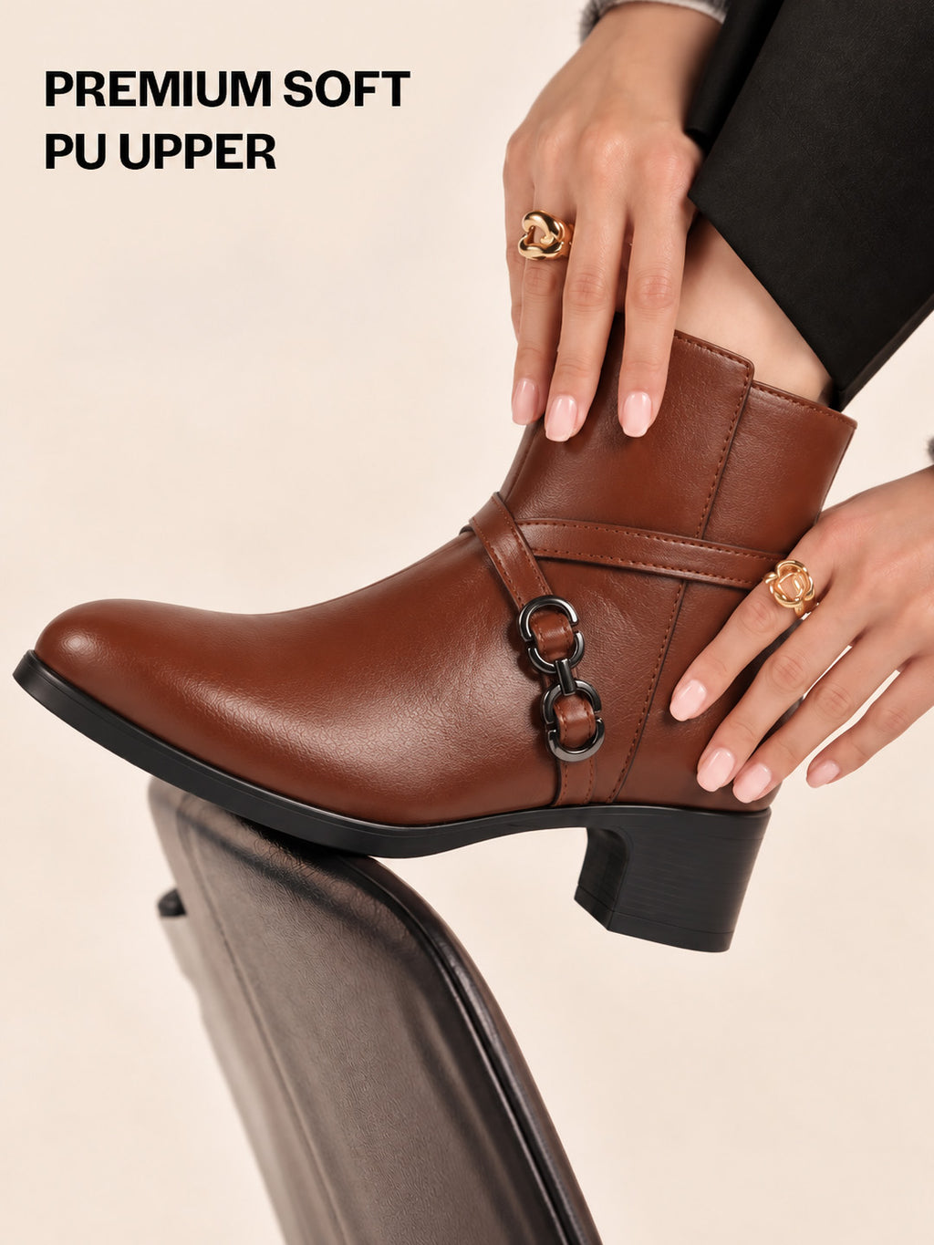 Women Tan High Ankle Elegant Slip On Winter Boots|Flared Heel Casual Shoes for Work|Office