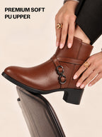 Women Tan High Ankle Elegant Slip On Winter Boots|Flared Heel Casual Shoes for Work|Office
