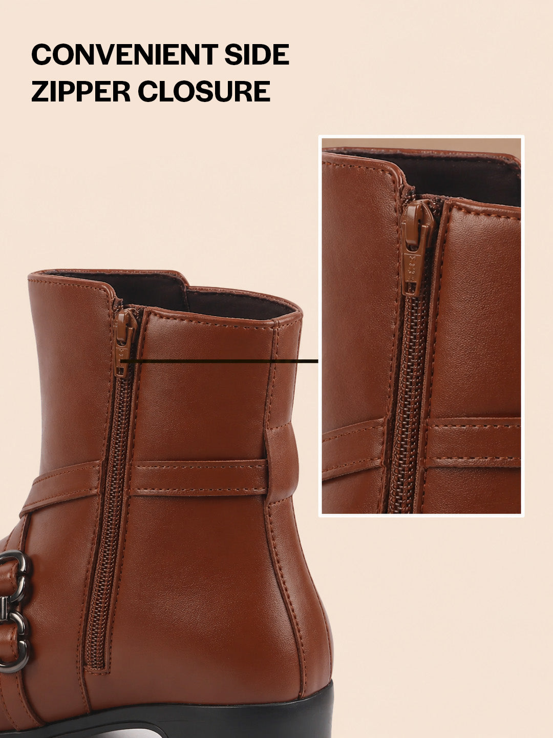 Women Tan High Ankle Elegant Slip On Winter Boots|Flared Heel Casual Shoes for Work|Office