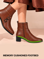 Women Tan High Ankle Elegant Slip On Winter Boots|Flared Heel Casual Shoes for Work|Office