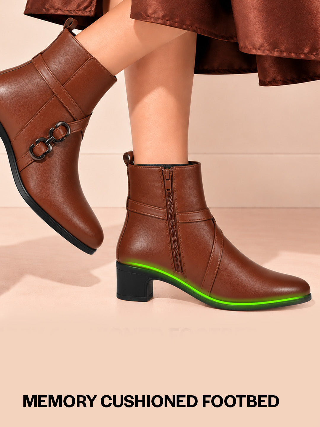 Women Tan High Ankle Elegant Slip On Winter Boots|Flared Heel Casual Shoes for Work|Office