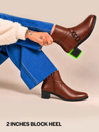 Women Tan High Ankle Elegant Slip On Winter Boots|Flared Heel Casual Shoes for Work|Office