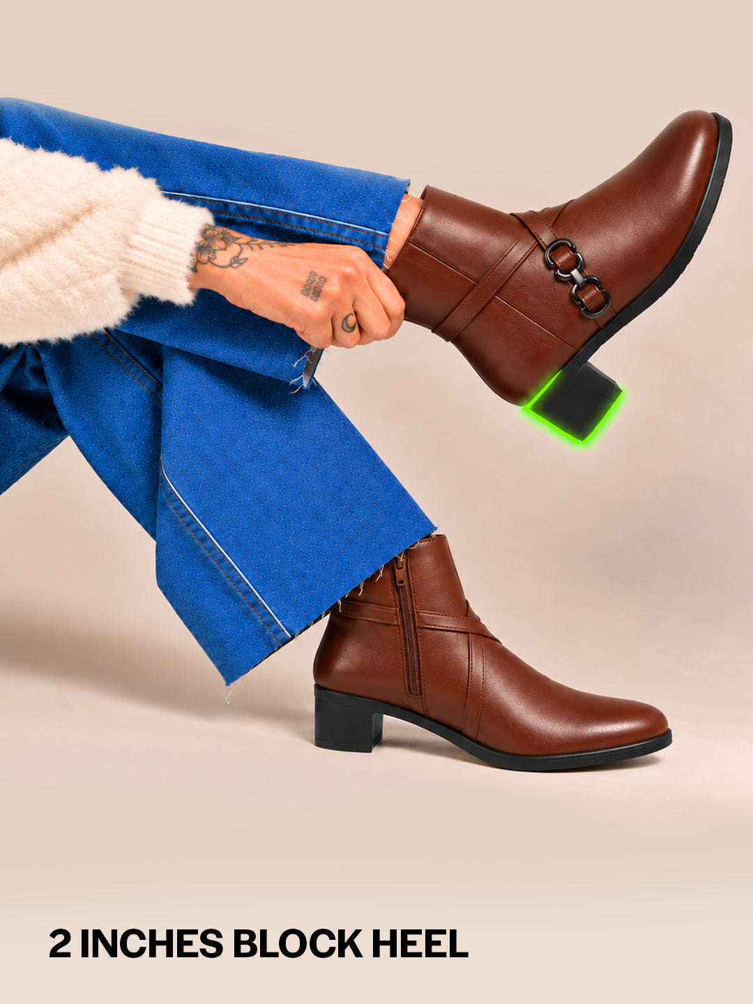 Women Tan High Ankle Elegant Slip On Winter Boots|Flared Heel Casual Shoes for Work|Office
