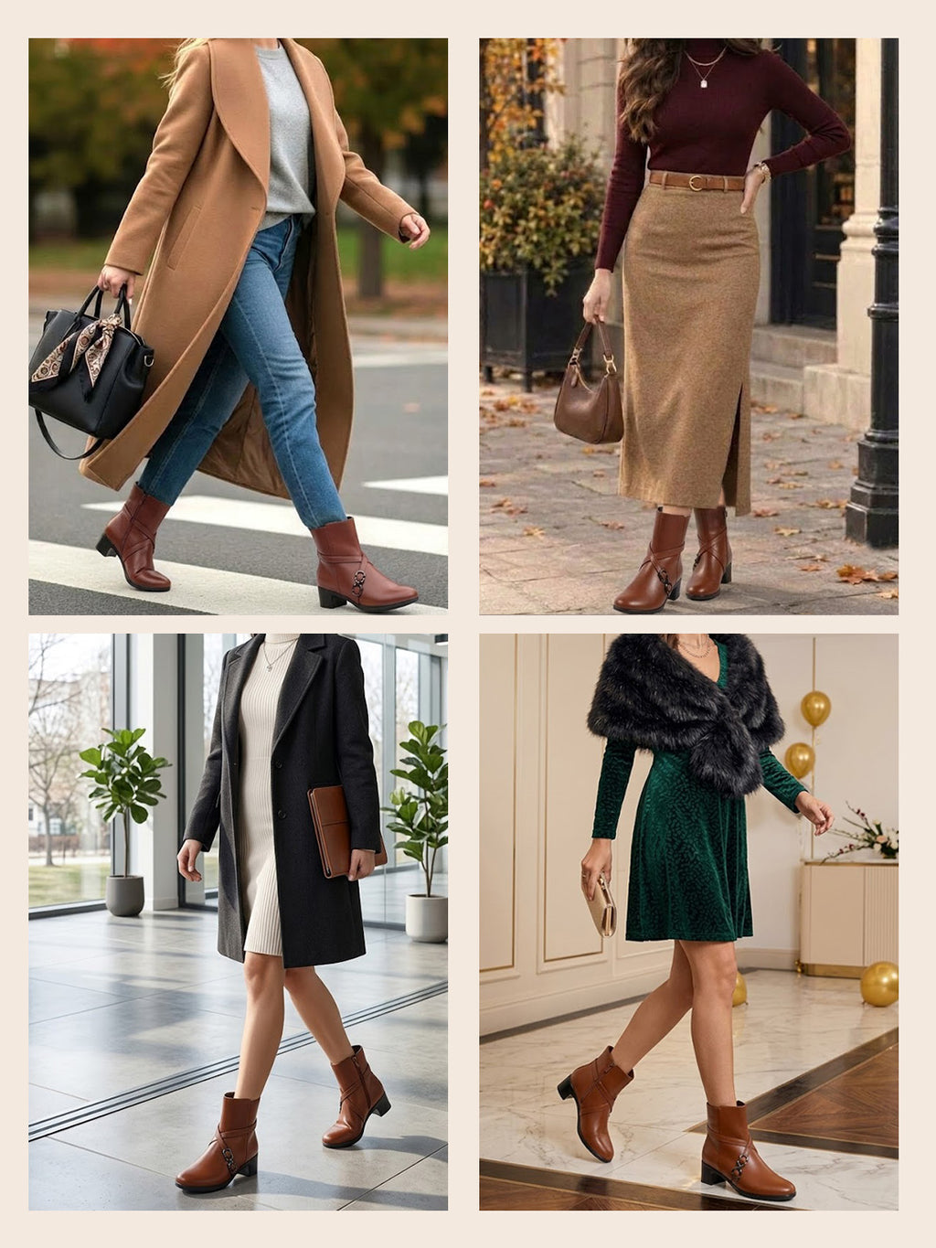 Women Tan High Ankle Elegant Slip On Winter Boots|Flared Heel Casual Shoes for Work|Office