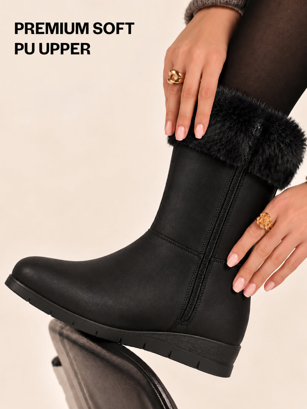 Women Black High Ankle Side Zipper Winter Classic Fur Boots|Memory Cushion Inslole|Platform Wedge Heel Mid Calf Work Boot