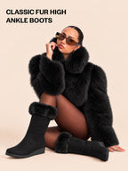 Women Black High Ankle Side Zipper Winter Classic Fur Boots|Memory Cushion Inslole|Platform Wedge Heel Mid Calf Work Boot