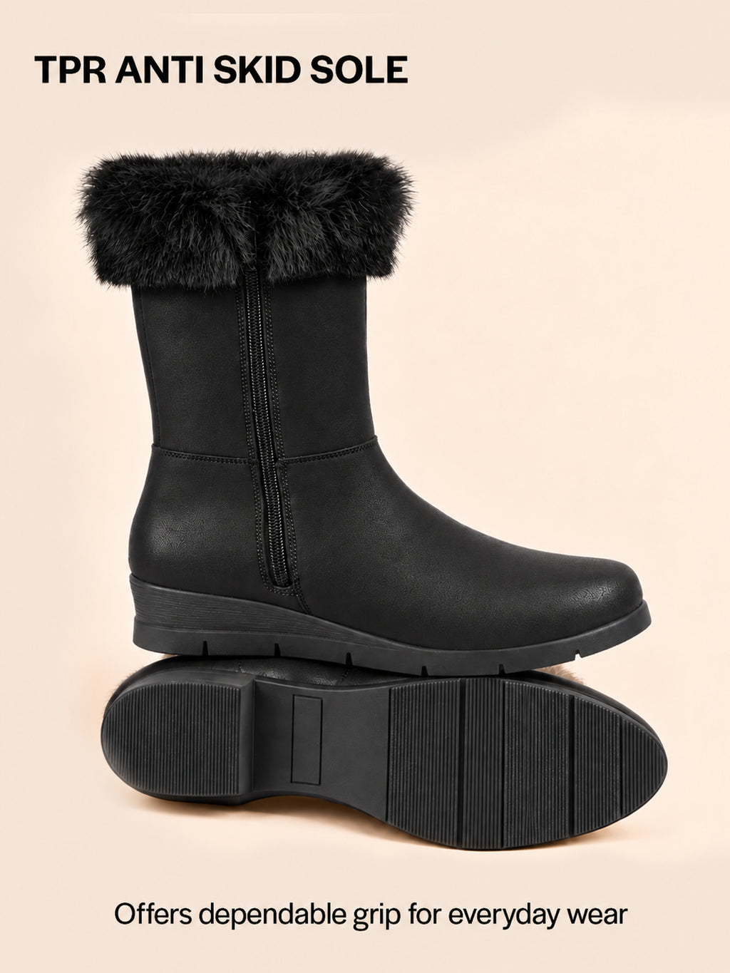 Women Black High Ankle Side Zipper Winter Classic Fur Boots|Memory Cushion Inslole|Platform Wedge Heel Mid Calf Work Boot