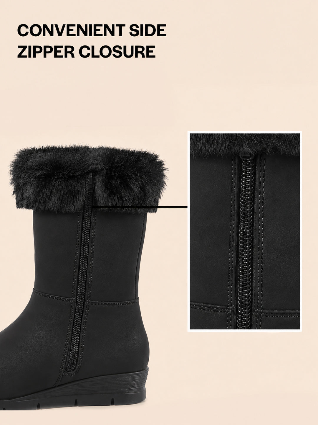 Women Black High Ankle Side Zipper Winter Classic Fur Boots|Memory Cushion Inslole|Platform Wedge Heel Mid Calf Work Boot