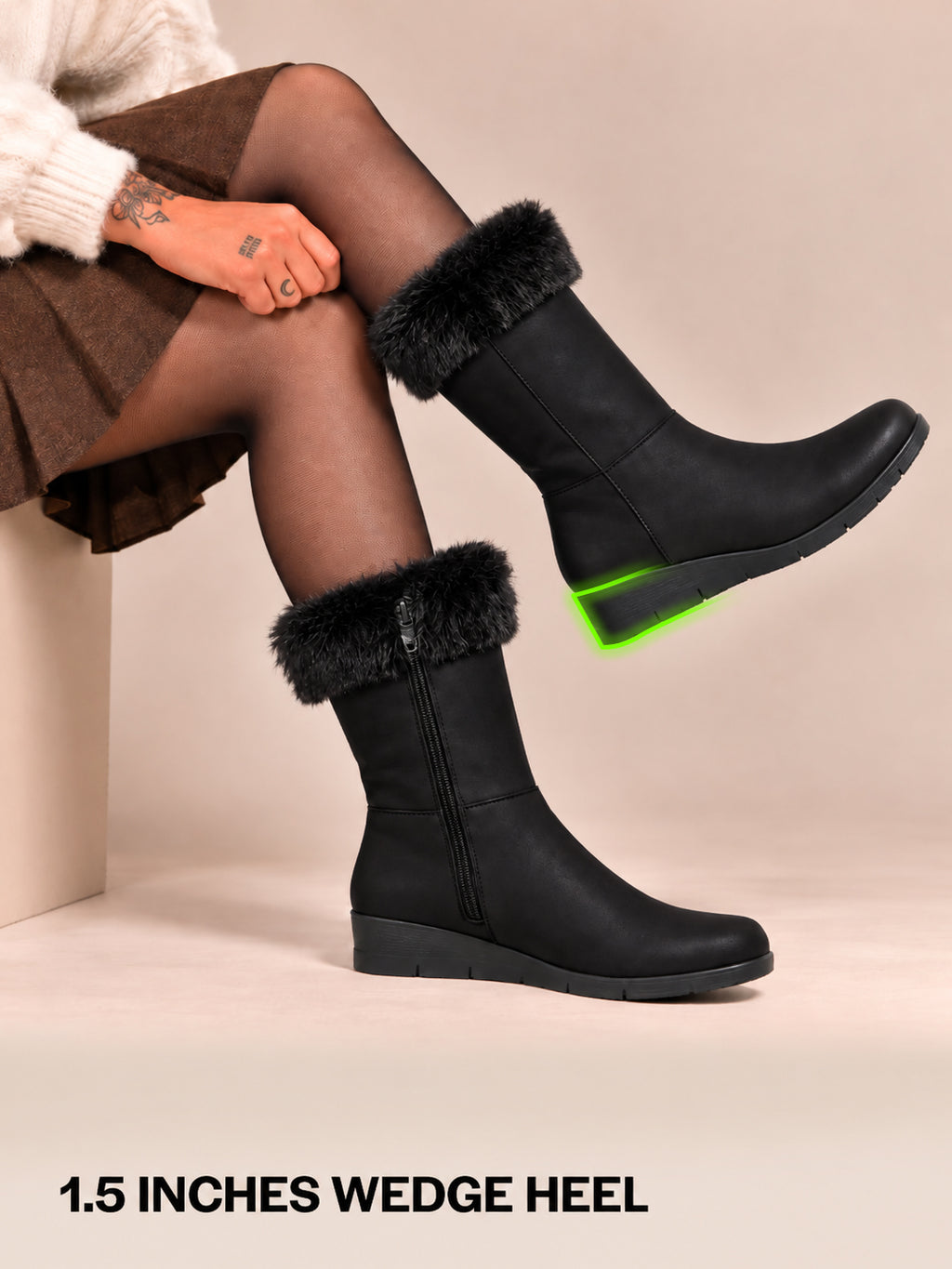 Women Black High Ankle Side Zipper Winter Classic Fur Boots|Memory Cushion Inslole|Platform Wedge Heel Mid Calf Work Boot